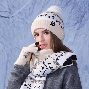 Winter Knit Beanie Scarf And Touchscreen Gloves Fleece Lined Warm Pom Pom Jacquard Geometric Cold Weather Outdoor Women