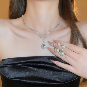 Detailed view of luxury silver water drop necklace and earrings set on model