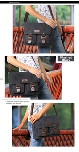 Detail view of retro canvas messenger bag showing washed black fabric and cowhide accents