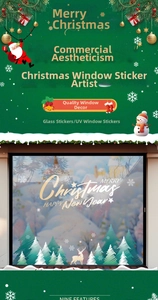 Détail de stickers de Noël pour vitres avec flocons de neige et motifs de cerfs