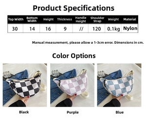 Size chart showing dimensions and colors for checkered nylon hip bag and crossbody pack