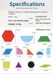 Detailed size specifications for 210pcs wooden geometric Montessori puzzle pieces