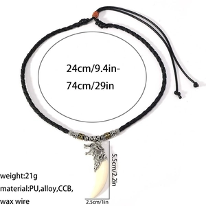 Detailed view of adjustable men's wolf tooth pendant necklace with size annotations