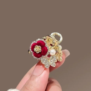 Red Rose Hair Claw Clip Alloy Rhinestone Butterfly Artificial Pearl Vintage Small Hairpin For Women Sweet Elegant Accessories
