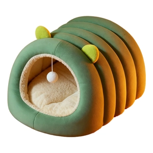 Green caterpillar shaped semi-enclosed warm pet bed with soft cushion and hanging toy ball