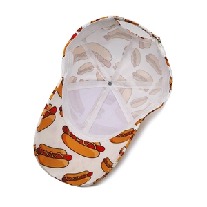 White baseball cap with colorful cartoon hot dog prints showing inner structure and stitching