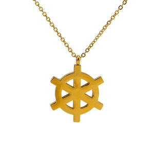 Detail shot of a 18K gold plated nautical helm pendant necklace on white background