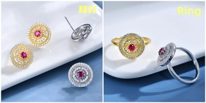 Detailed comparison of gold and silver hollow pavé earrings and ruby rings on display
