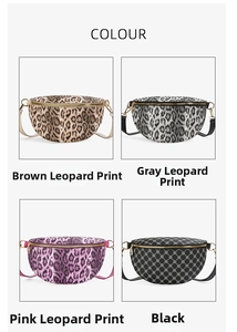 Collage showing four patterns of crescent waist bags: leopard prints and quilted black