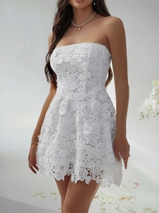 Women Lace Mini Dress Strapless 3D Floral Embroidery Tube Top Corset Back Slim Fit Party Evening Cocktail Dress