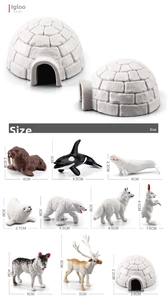 Size chart for mini Arctic animal figures including whale, polar bear and wolf models
