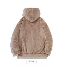 Detailed back view of khaki fleece hoodie showing soft texture and ribbed cuffs