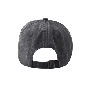 Detail view of the vintage washed cotton baseball cap with adjustable metal back buckle