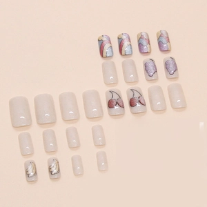 Rainbow press-on nails set with glitter cream base and cute 3D fruit pattern designs