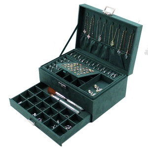 Three-layer dark green velvet jewelry organizer box with metal lock and drawer
