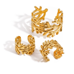 18K Gold Plated Stainless Steel Branch Coral Bangle Bracelet Ring And Earrings For Women Retro Hammered Texture Waterproof