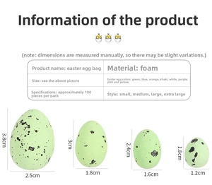Size comparison chart for colorful speckled foam Easter eggs in four dimensions