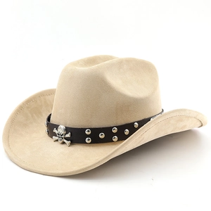 Detailed close-up of khaki faux suede cowboy hat with studded skull leather band decor
