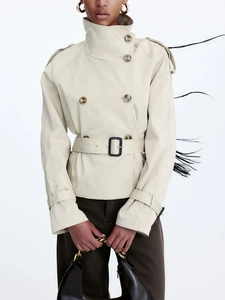 Women Short Trench Coat Polyester Double Breasted Lapel Belted Jacket Streetwear Outerwear Autumn Spring