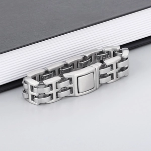Polished silver stainless steel link bracelet for men with square folding clasp
