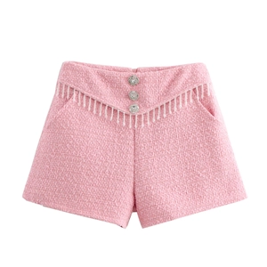 Damen Rosa Tweed Shorts Hohe Taille Strassknöpfe Fransen Quasten A-Linie Elegante Party Damen Hosen