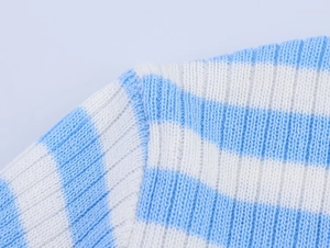 Detailed macro view of the blue and white striped knit texture and seam craftsmanship