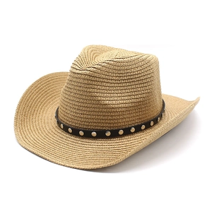 Western Cowboy Straw Hat Wide Brim Sun Protection Paper Straw With Rivet Band Summer Beach Travel Retro Unisex