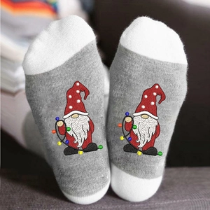 Christmas socks with gnome and light patterns, grey and white cotton breathable crew socks