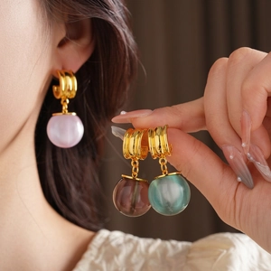 Elegant gold-plated resin ball drop earrings with pink, brown, and green charms