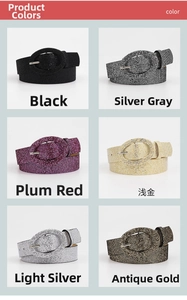 Detail of six glitter belts with oval buckles in black, silver, rose and gold colors