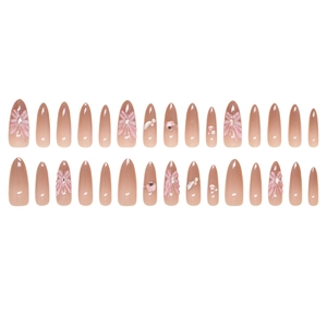 Faux ongles amande dégradé rose avec nœuds 3D, strass et perles, coffret de 28 pcs