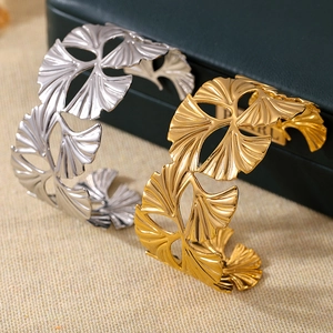 Hollow ginkgo leaf open bangle bracelets in gold and silver finish for women