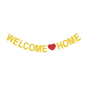 Golden glitter Welcome Home banner with red heart for family reunion and party decor