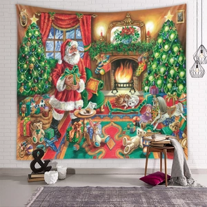 Detailaufnahme eines festlichen Weihnachtswandteppichs mit Weihnachtsmann und gemütlichem Kamin