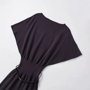 Elegant black off-shoulder knit midi dress with batwing sleeves and matching waist belt