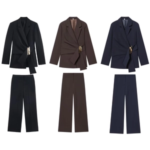 Women Blazer And Wide Leg Pants Office Lady Business Commute Elegant Solid Color Long Sleeve Gold Buckle Formal