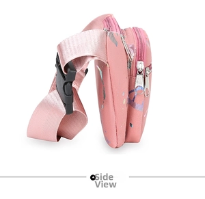 Side view of pink multi-pocket oxford cloth waist bag with iridescent print and black buckle
