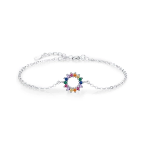 S925 sterling silver bracelet featuring a circular colorful rainbow gemstone pendant charm