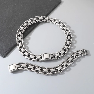 Industrial punk set featuring a vintage silver matte titanium steel necklace and bracelet
