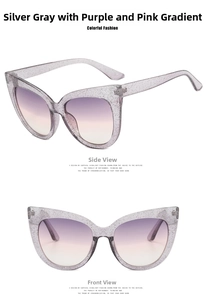 Detail view of cat eye glasses with silver glitter frame and purple pink gradient lenses