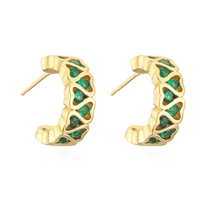 Elegant 18K gold plated C-shaped hoop earrings with green zircon hollow hearts