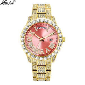 Luxury gold iced-out men's watch with pink sunray dial and dual date-day display