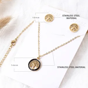 Golden stainless steel Tree of Life jewelry set with black enamel necklace and earrings