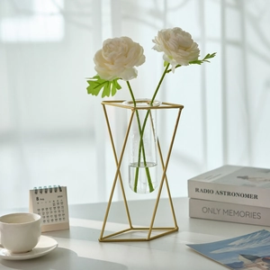 Modern gold geometric iron vase with glass tube and white artificial flowers decor
