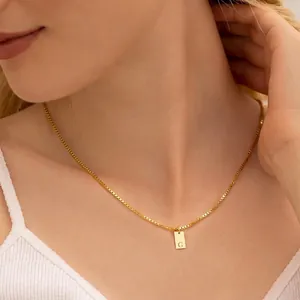 Stainless Steel Initial Letter Pendant Necklace Gold Plated Personalized Rectangular Square Plate Box Chain For Women
