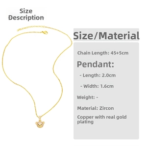 Detailed size guide for gold plated teddy bear pendant necklace with zircon inlay