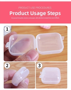 Three-step visual guide showing how to open and close the mini transparent jewelry storage box