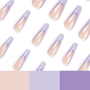 French purple almond press-on nails with light violet edges and nude pink base color