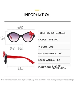 Detailed size specifications for kids bow tie sunglasses with PC frame and lens dimensions