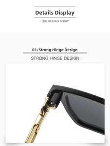 Close-up of the sturdy metal hinge design on black square frame sunglasses